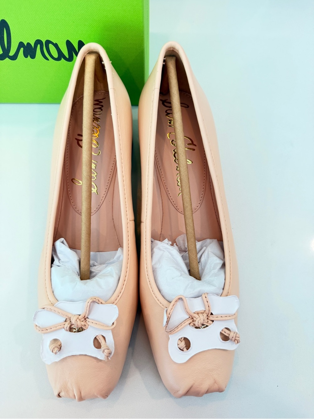 New Sam Edelman Rosa Leather Block Heel Pump Sz 7 Peach Low Classic Dainty Bow - Picture 3 of 9